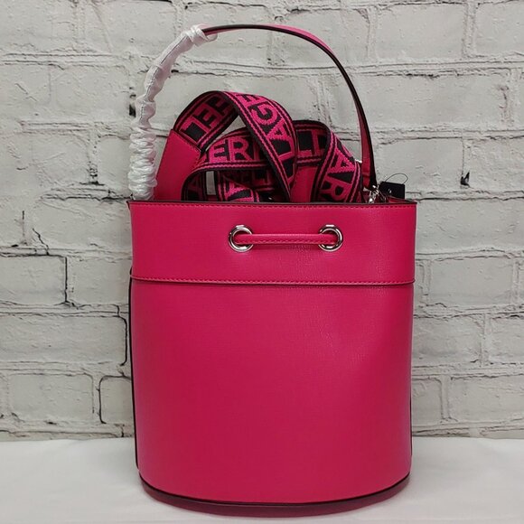 KARL LAGERFELD PARIS 'ADELE' BUCKET STYLE HANDBAG W/ LOGO WEBBING STRAP - Picture 4 of 16